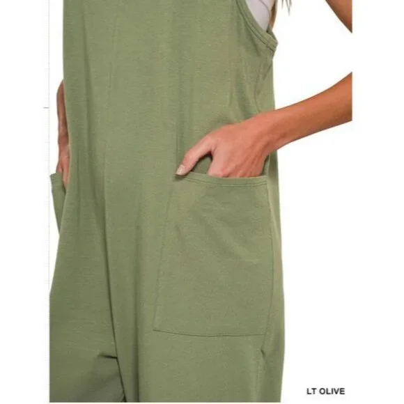 #0283  Lt Olive Spaghetti Strap Pocketed Relaxed Fit Jumpsuit New Size S/M - Picture 2 of 3